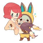  animal_ears artist_name blush bunny_ears carrying chiyoko_(oman1229) glasses helmet misora_inaho open_mouth princess_carry red_hair short_hair simple_background spacesuit standing usapyon white_background youkai youkai_watch youkai_watch_3 