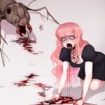 !? 1girl absurdres ant bags_under_eyes black_dress black_eyes bleeding blood blood_from_mouth blood_on_arm blood_on_clothes blood_on_face blood_on_hands blood_splatter bug constricted_pupils crying crying_with_eyes_open distress dress giant_insect guro hair_ornament hairclip highres immihu injury insect_wings kneeling knees long_hair looking_down lovelettechan messy_hair missing_tooth nervous_sweating open_mouth original panicking pink_hair pool_of_blood puffy_short_sleeves puffy_sleeves red_hair scared screaming short_dress short_sleeves simple_background solo stinger struggling surprised sweat tears teeth turn_pale wavy_hair wide-eyed wings 
