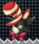  argyle_background bow bowtie cat checkered checkered_background face green_eyes lace_border no_humans smile solo striped striped_hat the_cat_in_the_hat the_cat_in_the_hat_(character) toc 
