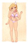  1girl absurdres artist_name barefoot bikini blonde_hair breasts closed_mouth collarbone commentary english_commentary extra_arms fangs hand_on_own_hip highres looking_at_viewer navel nelly_(xyronii) original purple_bikini purple_eyes solo swimsuit xyronii yellow_background 