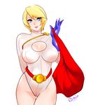  1girl absurdres belt blonde_hair blue_eyes blue_gloves breasts cape cleavage curvy dc dc_comics female gloves highres hips kryptonian large_breasts leotard power_girl red_cape smile solo superboin thick_thighs thighs wide_hips 