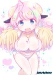  :d ahoge animal_ears artist_name bikini blue_eyes blush breasts character_name cheerleader cleavage copyright_name hair_ornament jewelry kitahara_tomoe_(kitahara_koubou) large_breasts long_hair looking_at_viewer moa_(show_by_rock!!) necklace open_mouth pink_hair pom_poms show_by_rock!! smile solo star star_hair_ornament swimsuit twitter_username 