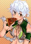  asymmetrical_hair bare_shoulders braid breasts cleavage_cutout cloud_print crop_top detached_sleeves eating food hair_ornament highres holding_pizza kantai_collection large_breasts long_hair looking_at_viewer midriff pizza short_sleeves silver_hair single_braid solo unryuu_(kantai_collection) very_long_hair wavy_hair yellow_eyes 