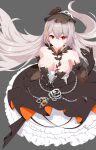  1girl :d absurdres alternate_breast_size alternate_hairstyle bails black_dress black_gloves breasts bronya_zaychik bronya_zaychik_(black_nucleus) bronya_zaychik_(fleurs_du_mal) cleavage dress elbow_gloves funeral_dress gloves grey_background grey_hair grin hair_ornament highres honkai_(series) honkai_impact_3rd jewelry long_hair looking_at_viewer medium_breasts red_eyes ring simple_background smile solo strapless strapless_dress teeth very_long_hair wedding_ring 