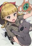  1girl animal belt black_boots blonde_hair blunt_bangs boots collared_shirt commentary ehirorotoon girls_und_panzer green_eyes green_shirt green_shorts green_thighhighs hair_ribbon highres holding holding_animal koala koala_(girls_und_panzer) koala_forest_military_uniform long_hair looking_at_viewer military_uniform open_mouth ponytail red_ribbon ribbon sam_browne_belt shirt short_sleeves shorts smile solo standing standing_on_one_leg thighhighs wallaby_(girls_und_panzer) 