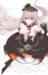  1girl :d absurdres alternate_breast_size alternate_hairstyle bails black_dress black_gloves breasts bronya_zaychik bronya_zaychik_(black_nucleus) bronya_zaychik_(fleurs_du_mal) cleavage dress elbow_gloves funeral_dress gloves grey_hair grin hair_ornament highres honkai_(series) honkai_impact_3rd jewelry long_hair looking_at_viewer medium_breasts red_eyes ring simple_background smile solo strapless strapless_dress teeth very_long_hair wedding_ring white_background 