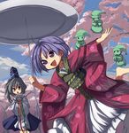  balancing blue_sky cherry_blossoms cloud day hat hat_ribbon highres holding_needle japanese_clothes kimono long_sleeves mononobe_no_futo multiple_girls needle obi open_mouth plate_spinning ponytail purple_eyes purple_hair ribbon sash shirt shope silver_hair skirt sky smile sukuna_shinmyoumaru touhou tree wide_sleeves 