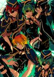  5boys absurdres aqua_eyes black_hair black_pants black_shirt blue_eyes blue_hat blue_jacket brown_eyes character_request chest_strap closed_mouth collarbone commentary_request cowboy_shot cropped_shirt feet_out_of_frame green_eyes green_hair hair_between_eyes hand_on_own_stomach hat highres idolmaster idolmaster_side-m jacket jacket_on_shoulders kashiwagi_tsubasa looking_at_viewer male_focus midriff multiple_boys nana_tetra one_eye_covered open_mouth orange_hair pants parted_lips red_eyes red_hair sakuraba_kaoru shirt short_hair slit_pupils teeth tendo_teru twitter_username 