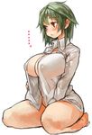  1girl belly between_legs blush bottomless breasts collared_shirt covered_nipples green_hair huge_breasts kazami_yuuka long_sleeves no_bra open_clothes open_shirt perky_breasts red_eyes sachito shirt short_hair simple_background sitting solo thick_thighs thighs touhou white_background 
