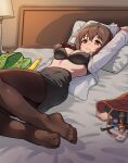  1girl arms_up bag bed black_bra black_pantyhose black_scrunchie black_skirt bra braid bralines breasts brown_hair cellphone commentary condom condom_wrapper cosmetics dress_shirt feet green_jacket hair_ornament hair_over_shoulder hair_scrunchie handbag high-waist_skirt highres idolmaster idolmaster_cinderella_girls indoors jacket kamille_(vcx68) lamp light_particles lipstick_tube long_hair long_sleeves looking_at_viewer lying medium_breasts medium_hair miniskirt no_shoes office_lady on_back on_bed open_clothes open_shirt pantyhose pencil_skirt phone pillow redrawn scrunchie see-through_clothes see-through_shirt senkawa_chihiro shirt skirt smartphone smile solo underwear unworn_jacket watch white_shirt wing_collar wristwatch 