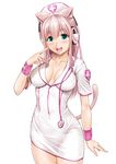  :d animal_ears blush bracelet breasts cat_ears cat_tail covered_navel ganari_ryuu green_eyes hat headphones heart jewelry large_breasts long_hair nurse nurse_cap open_mouth pink_hair simple_background smile solo stethoscope super_tama_musume tail tamatoys white_background 