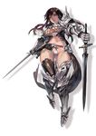  aoin armor bikini_armor boots breasts brown_eyes brown_hair cleavage dual_wielding groin highres holding large_breasts lips long_hair midriff navel original pauldrons solo sword thigh_boots thighhighs thighs weapon 