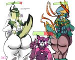 1boy2girl absurd_res ailurid allifu anthro belly big_butt butt cloviloper coniferon creatures_of_sonaria eyes_closed female gameplay_mechanics gesture group gui hand_gesture health_bar hi_res jxci lagomorph leporid male mammal rabbit red_panda text thumbs_up trio