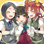  :d ^_^ black_hair blue_neckwear blue_ribbon brown_eyes brown_hair closed_eyes girl_sandwich gloves green_hair green_neckwear green_ribbon hair_ribbon hand_to_own_mouth itomugi-kun kagerou_(kantai_collection) kantai_collection kuroshio_(kantai_collection) long_hair multiple_girls neck_ribbon open_mouth ribbon sandwiched school_uniform serafuku short_hair short_sleeves smile takanami_(kantai_collection) twintails uniform vest yellow_ribbon 