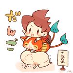  amano_keita artist_name blush brown_hair cat chibi chiyoko_(oman1229) ghost haramaki jibanyan multiple_tails open_mouth red_shirt shirt short_hair tail triangle_mouth two_tails watch whisper_(youkai_watch) white_background wristwatch youkai youkai_watch |_| 