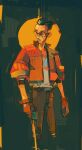  1boy artist_name asian belt black_belt black_hair bomber_jacket brown_panties disco_elysium frown glasses gloves gun hair_slicked_back highres holding holding_gun holding_weapon jacket kim_kitsuragi looking_to_the_side male_focus michaelfirman orange_jacket panties pants round_eyewear shirt short_hair solo underwear weapon white_shirt 