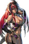  aoin borrowed_character breasts bridal_gauntlets choker cleavage dark_skin detached_sleeves garter_straps hand_on_hip highres horns large_breasts lips long_hair nail_polish navel original red_eyes red_hair sketch smile solo tan thighhighs 