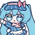  1girl alternate_costume apron blue_dress blue_eyes blue_hair bow dress hair_between_eyes hashtag-only_commentary hat hat_bow hatsune_miku highres mesmerizer_(vocaloid) miratsu_(miratsu169) pinstripe_pattern red_bow sailor_collar short_sleeves simple_background solo star-shaped_pupils star_(symbol) striped_bow symbol-shaped_pupils triangle_mouth twintails visor_cap vocaloid waist_apron white_apron white_background white_bow white_wrist_cuffs wrist_cuffs 