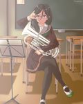  adjusting_eyewear bad_id bad_pixiv_id black_hair black_legwear blue_eyes chair chalkboard crossed_legs desk euphonium glasses green_neckwear hair_between_eyes hand_on_eyewear hibike!_euphonium highres instrument looking_at_viewer music_stand neckerchief pantyhose school_desk school_uniform shoes sitting solo tanaka_asuka tokifuyua_sora uwabaki 