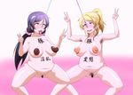  2girls absurdres ahegao areolae armpit_hair ayase_eli blonde_hair blue_eyes blue_hair blush body_writing breasts censored dark_nipples double_v female green_eyes highres humiliation large_breasts long_hair love_live!_school_idol_project multiple_girls navel nipples nose_hook nude open_mouth pig_ears plump pubic_hair pussy rolling_eyes saliva solid_(artist) spread_legs standing sweat teeth text tongue tongue_out toujou_nozomi translated v 