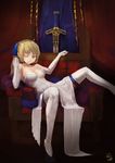  ahoge artoria_pendragon_(all) blonde_hair bow breasts caliburn cleavage dress elbow_gloves fate/stay_night fate_(series) gloves green_eyes hair_bow highres lying medium_breasts one_eye_closed ponytail reclining riftgarret saber sitting solo sword thighhighs throne weapon white_dress white_gloves white_legwear 
