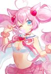  ahoge animal_ears bangs blue_eyes bow bracelet breasts bubble bubble_blowing cat_ears cat_tail chewing_gum hair_ornament heart jewelry long_hair medium_breasts midriff momoshiki_tsubaki nail_polish navel one_eye_closed pink_hair ribbon rosia_(show_by_rock!!) show_by_rock!! skirt solo tail twintails v white_background 