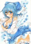  absurdres adapted_costume alternate_breast_size bare_shoulders blue_eyes blue_hair blush bra breasts cirno cleavage detached_sleeves dress highres ice ice_wings large_breasts looking_at_viewer marker_(medium) older panties short_hair solo striped thighhighs touhou traditional_media underwear vertical-striped_panties vertical_stripes wings yurun 