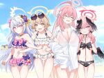  4girls :d ^_^ ahoge angel_wings artist_name azusa_(blue_archive) azusa_(swimsuit)_(blue_archive) bare_shoulders bead_necklace beads bikini bikini_skirt black_bikini black_bow black_wings blue_archive blue_sky blush bow bow_on_wing braid breasts bright_pupils brown_eyes brown_hair cleavage closed_eyes cloud cowboy_shot crossed_bangs day feathered_wings floral_print floral_print_bikini flower food-themed_hair_ornament frilled_bikini frills grey_hair hair_between_eyes hair_bow hair_flower hair_ornament halo halterneck hanako_(blue_archive) hanako_(swimsuit)_(blue_archive) hands_up happy hashtag-only_commentary head_wings hifumi_(blue_archive) hifumi_(swimsuit)_(blue_archive) highres huge_ahoge jewelry koharu_(blue_archive) koharu_(swimsuit)_(blue_archive) large_breasts locked_arms long_hair looking_at_another looking_at_viewer low_twintails low_wings make-up_work_club_(blue_archive) multiple_girls navel necklace nori6272210 ocean official_alternate_costume official_alternate_hairstyle open_mouth orange_hair_ornament outdoors oversized_clothes oversized_shirt parted_lips pink_bikini pink_bow pink_eyes pink_hair pink_halo purple_eyes purple_flower red_halo shirt side-by-side single_braid sky small_breasts smile strapless strapless_bikini swimsuit teeth thigh_gap twintails upper_teeth_only v-shaped_eyebrows very_long_hair watermelon_hair_ornament wavy_mouth white_bikini white_bow white_wings winged_halo wings yellow_halo 