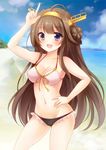  :d ahoge bare_shoulders beach bikini blue_sky blush breasts brown_hair cleavage cloud collarbone cowboy_shot day double_bun frilled_bikini frills front-tie_top groin hairband hand_on_hip headgear kantai_collection kongou_(kantai_collection) long_hair looking_at_viewer medium_breasts navel nikoo ocean open_mouth outdoors pink_bikini pointing pointing_up purple_eyes sky smile solo swimsuit 
