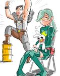  1boy 1girl annie_(skullgirls) annie_of_the_stars barrel beowulf_(skullgirls) black_hair chair eyepatch eyes_closed green_hair open_mouth sagan_(skullgirls) sitting skullgirls thighhighs yellow_eyes 