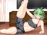  1boy 1boyl arm_support artist_request bare_shoulders bike_shorts blush bulge character_request crossdressing erection erection_under_clothes genderswap green_eyes green_hair hisui_(stapspats) leg_grab leg_up looking_at_viewer midriff on_floor open_mouth smile soga_no_tojiko solo sports_bra spread_legs thighs touhou trap 