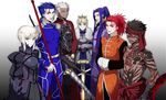  5boys archer armor armored_dress artoria_pendragon_(all) assassin_(fate/stay_night) avenger bad_id bad_pixiv_id black_hair blonde_hair blue_hair caladbolg chinese_clothes crown dark_skin dress dual_persona excalibur fate/extra fate/hollow_ataraxia fate/stay_night fate_(series) full_body_tattoo gae_bolg japanese_clothes lancer li_shuwen_(fate) multiple_boys multiple_girls ooka_(rkyu) polearm ponytail red_eyes red_hair saber saber_alter spear sword tattoo tawrich_&amp;_zarich weapon white_hair yellow_eyes 