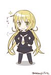  &gt;:) blonde_hair chibi highres kantai_collection long_hair long_sleeves looking_at_viewer mae_(maesanpicture) necktie pleated_skirt satsuki_(kantai_collection) school_uniform scrunchie serafuku shoes skirt smile solo thighhighs translated twintails twitter_username v-shaped_eyebrows yellow_eyes 
