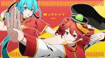  black_choker black_hat black_shoes blue_eyes blue_hair bright_pupils choker commentary_request dress drill_hair fighting_stance hair_between_eyes hat hatsune_miku highres jacket kasane_teto kicking long_hair napio odochina_(vocaloid) ofuda open_mouth red_background red_dress red_eyes red_jacket shoes simple_background smile socks twin_drills twintails underwear upper_body utau vocaloid white_pupils white_sleeves white_socks yellow_background 