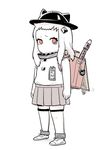  adapted_costume alternate_costume backpack bad_id bad_twitter_id bag bag_charm charm_(object) commentary_request hat horns instrument kantai_collection looking_at_viewer mo_(kireinamo) name_tag northern_ocean_hime pale_skin randoseru recorder red_eyes school_hat school_uniform shinkaisei-kan short_sleeves simple_background solo translated white_hair white_skin 