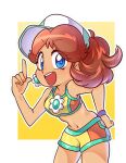  1girl blue_eyes bracelet brown_hair carolinerdraws earrings flower_earrings hand_on_own_hip hat highres jewelry looking_at_viewer mario_(series) mario_kart mario_kart_world navel official_alternate_costume open_mouth princess_daisy princess_daisy_(swimwear)_(mario_kart_world) shorts solo sports_bra teeth upper_teeth_only white_hat yellow_shorts yellow_sports_bra 