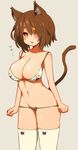 abs animal_ears animal_print beige_background blush bra breasts brown_hair cat_ears cat_hair_ornament cat_print cat_tail cleavage green_panties hair_ornament highres huge_breasts lowleg lowleg_panties navel open_mouth original panties paw_print red_eyes ruiten simple_background solo tail thighhighs underwear underwear_only 