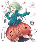  ;d ahoge aki_(akikaze_asparagus) blush breasts bubble_skirt clothes_theft cosplay eyeball green_eyes green_hair hata_no_kokoro hata_no_kokoro_(cosplay) heart komeiji_koishi large_breasts long_hair long_sleeves looking_at_viewer mask multiple_girls nude one_eye_closed open_mouth pink_eyes pink_hair plaid plaid_shirt shirt short_hair simple_background skirt smile spoken_heart theft third_eye touhou white_background 