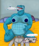 2025 2_tails 4_fingers absurd_res alligatorid animal_genitalia anthro areola arms_bent artist_logo azrael_(tertia) azurlligator balls bed bedroom big_balls big_breasts black_nose blue_areola blue_bedding blue_body blue_claws blue_cloaca blue_lips blue_nipples blue_pillow blue_scales blue_scar blue_wall blush blushing_profusely bodily_fluids breasts bulging_neck canid canine canis claws cloaca cloacal cloacal_penetration colored crocodilian cum cum_inflation cum_inside dialogue digital_drawing_(artwork) digital_media_(artwork) duo english_description english_text eyebrows facial_scar female finger_claws fingers furniture genital_fluids genitals grey_balls grey_tail gurgle_(sound_effect) half-closed_eyes hand_on_leg hand_on_own_belly hand_on_own_leg hand_on_own_thigh hand_on_thigh heart_symbol hi_res inflation inside interspecies kneeling knot knotted_penis larger_anthro larger_female light lighting lips logo looking_down_at_partner lying lying_on_bed male male/female mammal membrane_(anatomy) multi_tail muscular muscular_anthro muscular_female muscular_thighs name_drop name_in_dialogue narrowed_eyes nathile_tiduna nipples non-mammal_breasts non-mammal_nipples nude nude_anthro nude_female nude_male on_bed on_bottom on_top open_mouth orange_blanket orange_pillow penetration penis pillow pink_penis pink_tongue pupils purple_pillow reptile reverse_cowgirl_position scales scalie scar sex size_difference skywater slit_pupils smaller_anthro smaller_male speech_bubble tail text thick_bottom_lip thick_thighs tongue wall_(structure) webbed_hands white_eyebrows wolf