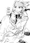  2girls ainu ainu_clothes amir_halgal asirpa black_hair boots closed_eyes closed_mouth coat dress ear_piercing earrings fur-trimmed_coat fur_coat fur_trim golden_kamuy greyscale hairband hat highres hoop_earrings jewelry kazakh_clothes long_bangs looking_at_viewer monochrome multiple_girls otoyomegatari piercing sitting sleeping user_zecg5533 