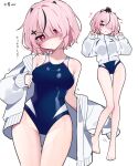  1girl absurdres bare_shoulders commentary_request competition_school_swimsuit hair_ornament hair_over_one_eye hairpin highres jacket looking_at_viewer medium_hair one-piece_swimsuit one_eye_covered original pink_eyes pink_hair school_swimsuit shaded_face simple_background swimsuit thighs translation_request waka_(wk4444) white_background white_jacket 