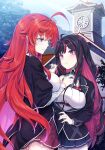  2girls adjusting_neck_ribbon ahoge black_hair black_jacket black_skirt blue_eyes breasts building commentary_request high_school_dxd highres jacket junior_high_school_dxd kuoh_academy_school_uniform large_breasts long_hair looking_at_another mixed-language_commentary miyama-zero miyamoto_zeka multicolored_hair multiple_girls neck_ribbon official_art outdoors pink_hair pleated_skirt purple_eyes red_hair red_skirt rias_gremory ribbon school_uniform second-party_source shirt skirt sunlight tree two-tone_hair white_shirt 