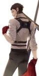  1boy absurdres belt black_belt black_hair black_pants commentary_request dracule_mihawk facial_hair from_behind gloves hanamaki highres holding holding_jacket holding_unworn_clothes holster huge_weapon jacket long_sideburns looking_at_viewer looking_back male_focus mustache one_piece pants red_gloves short_hair sideburns simple_background solo sword unworn_jacket weapon white_background yellow_eyes 