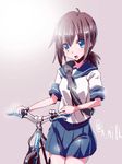  bicycle blue_eyes brown_hair fubuki_(kantai_collection) ground_vehicle kantai_collection miuku_(marine_sapphire) open_mouth ponytail school_uniform serafuku sidelocks skirt smile walking_bike 