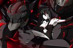 bare_shoulders battleship_water_oni black_hair breasts horns kantai_collection large_breasts long_hair nishi_koutarou pale_skin red_eyes shinkaisei-kan sitting solo teeth tongue tongue_out upper_body 