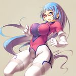  artist_name blue_eyes blue_hair blueberry_(5959) blush bodysuit breasts glasses large_breasts long_hair open_mouth original red-framed_eyewear simple_background solo very_long_hair 
