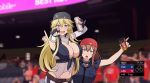  2girls backwards_hat baseball_cap belt blonde_hair blue_eyes blue_hat blush breasts brown_hair can cleavage commentary_request fingerless_gloves gloves groin hair_between_eyes hat highres hips iowa_(kantai_collection) kantai_collection large_breasts long_hair major_league_baseball multiple_girls nikonikosiro pointing pointing_at_viewer red_hat saratoga_(kantai_collection) soda_can symbol-shaped_pupils 