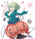  ;d ahoge aki_(akikaze_asparagus) blush breasts bubble_skirt clothes_theft cosplay covering covering_breasts eyeball face_mask green_eyes green_hair hata_no_kokoro hata_no_kokoro_(cosplay) heart highres komeiji_koishi large_breasts legs long_hair long_sleeves looking_at_viewer mask multiple_girls nude one_eye_closed open_mouth pink_eyes pink_hair plaid plaid_shirt sagging_breasts see-through shirt short_hair simple_background skirt smile spoken_heart theft third_eye touhou white_background 