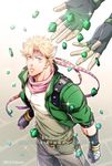  blonde_hair caesar_anthonio_zeppeli character_name dated emerald facial_mark feathers fingerless_gloves gloves green_eyes green_jacket hair_feathers happy_birthday headband jacket jojo_no_kimyou_na_bouken kuren out_of_frame scarf solo_focus 