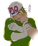  blonde_hair bracelet diego_brando fangs finger_in_mouth gloves green_shirt hat jewelry jojo_no_kimyou_na_bouken shirt sokka_(kbs) solo_focus steel_ball_run sweater 